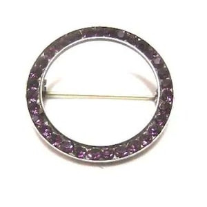 Circa 1950s Sterling Silver Circle Brooch/Pin, with Amethyst-Colored Rhinestones
