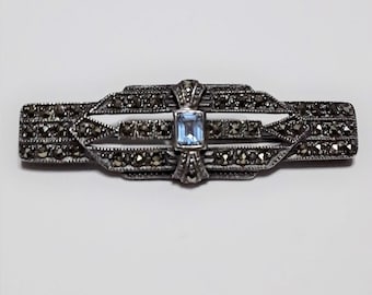 Vintage Art Deco Style Sterling Silver, Marcasite, and Blue Spinel Brooch