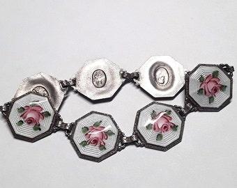 Rare Vintage 7-Panel Guilloche Enamel Bracelet, With Hand Painted Roses and Sterling Silver Religious Medal on Reverse Side of Each Panel