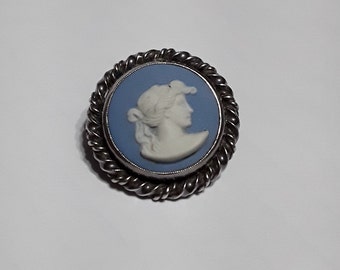 1955 Blue Wedgwood Jasperware Cameo (Neoclassical Figure) Brooch/Pendant, With Sterling Silver Setting by John Lauritzen (of Denmark)