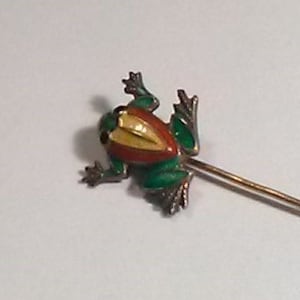 Vintage Enamel and Gold Wash Over Sterling Silver Frog Stick Pin, by Danish Designer Tina Oxager