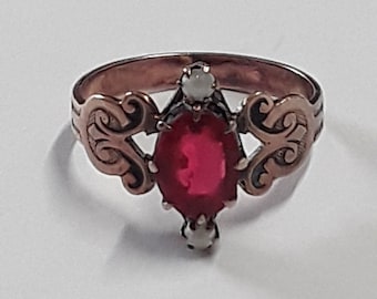 Anillo de mujer victoriano antiguo de oro rosa de 10 k, espinela roja y perla semilla