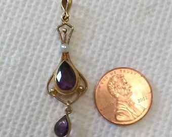 Vintage 14k Yellow Gold, Seed Pearl, and Amethysts Lavalier Pendant, in Art Nouveau Style