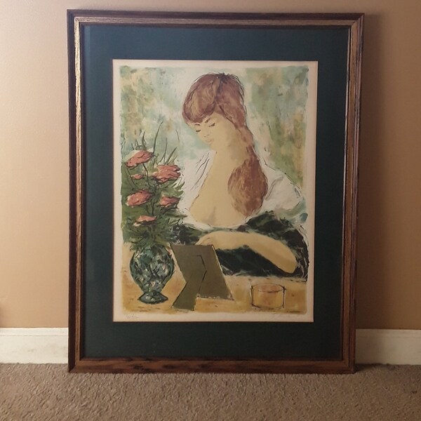 Large Vintage Bertoldo Taubert (of France) Original Signed Limited Edition Lithograph of Woman & Flowers, Published by Collector's Guild