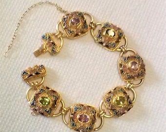 Vintage Chinese Export Sterling Silver Filigree (With Gold Wash), Enamel, Peridot, and Amethyst Panel Bracelet