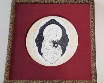 Vintage Original Silhouette/Paper Cutting of Virgin Mary (Holding Lilies), in Style of Artwork of Sister Mary Jean Dorcy & in Gesso Frame