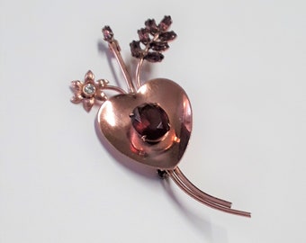 Circa 1940s Coro Craft Sterling Silver (With Rose Gold Wash) and White and Purple Rhinestones 'Heart and Flowers' Brooch