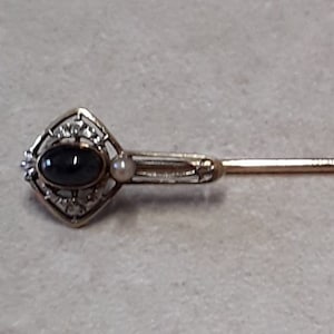 Vintage Krementz 14k Yellow Gold & White Gold, Blue Sapphire, and Seed Pearl Stick Pin, in Art Nouveau Style image 1