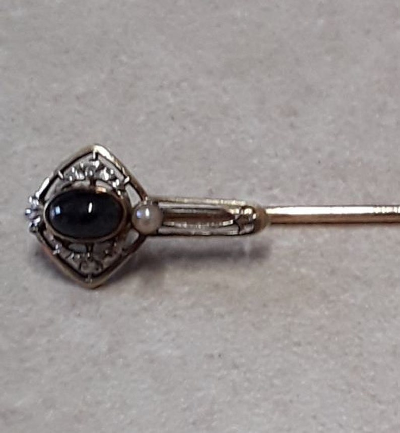 Vintage Krementz 14k Yellow Gold & White Gold, Blue Sapphire, and Seed Pearl Stick Pin, in Art Nouveau Style image 1