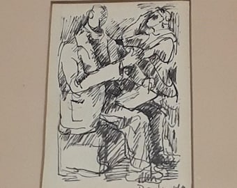 May include: Black and white ink drawing of two figures, one seated and one standing, with a gestural style. The drawing is signed "D. Levine 1960" in the lower right corner.