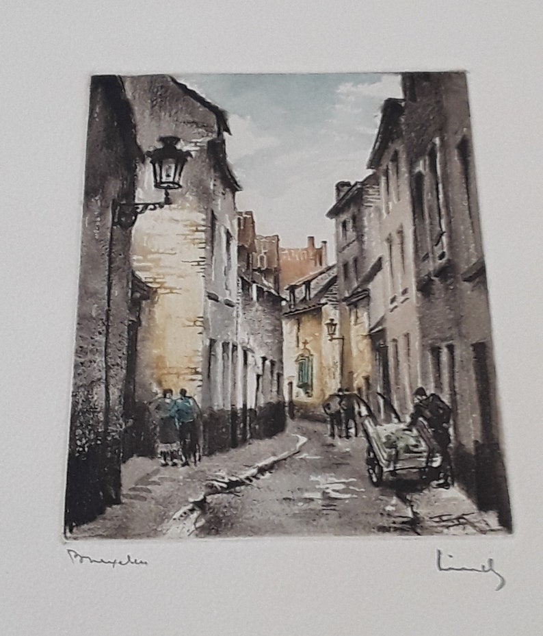 Two Vintage Roger Hebbelinck Original Signed Colored Etchings of Buildings and Streets in Brussels, Belgium, Printed by Stehli Freres image 2