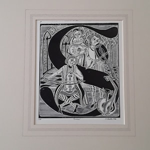 May include: Black and white woodcut print of three figures playing musical instruments. The figures are arranged around a large letter "S". The print is titled "Serenade" and signed "J.Schall 1918".