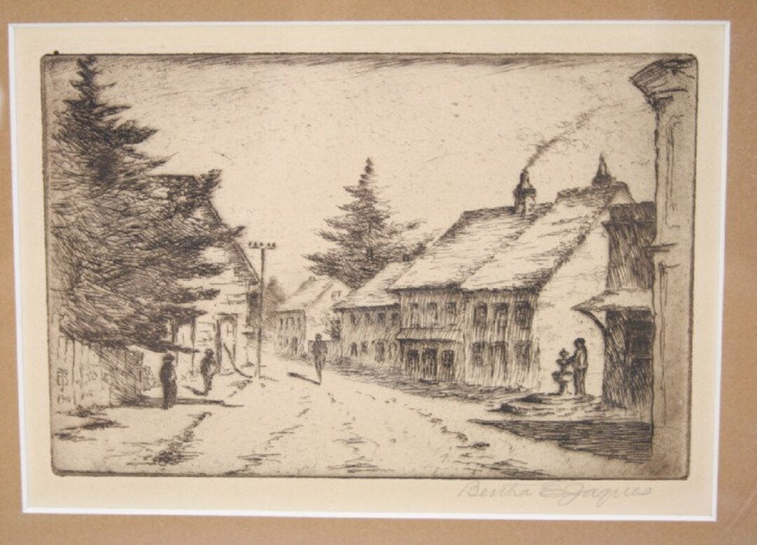 Vintage Original Signed Bertha Jaques Etching, of People Walking on an