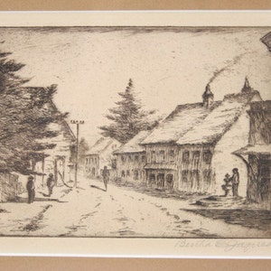 Vintage Original Signed Bertha Jaques Etching, of People Walking on an Unpaved Narrow European Street