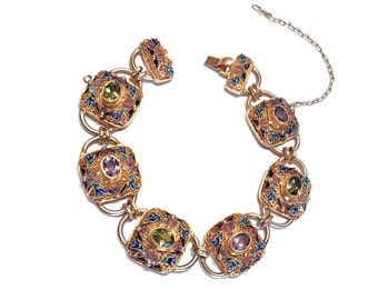 Vintage Chinese Export Sterling Silver Filigree (With Gold Wash), Enamel, Peridot, and Amethyst Panel Bracelet