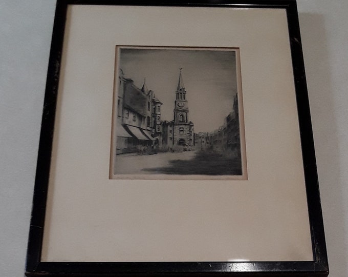 Vintage Walter Tower Signed Original Etching of High Street in Falkirk