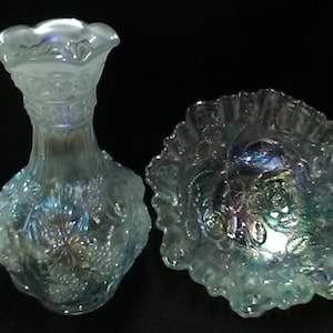 Vintage Imperial Glass Company (Mostly) Clear White Iridescent Large Loganberry Vase & Crimped and Ruffled-Edge Open Roses Bowl