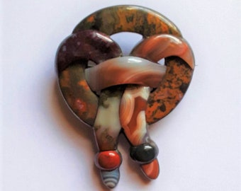 Huge Antique Sterling Silver, Scottish Agate, and Jasper ‘Pebble’ Brooch/Pin, With Knot Design
