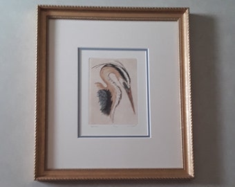 Vintage Signed Susan Knoll (of Florida) Original Signed Limited Edition Hand-Colored Etching of a Heron