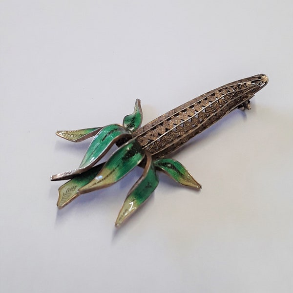 Vintage Large 800 Silver (With Gold Wash) and Plique-a-Jour Enamel Corn on the Cob Brooch, Three Dimensional