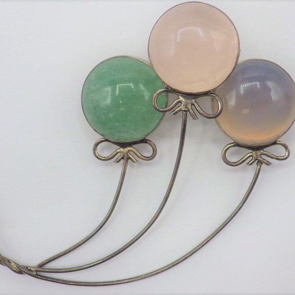 Vintage Great Falls Metal Works (of New Jersey) Sterling Silver, Green Aventurine, Rose Quartz, and Blue Chalcedony Balloon Brooch