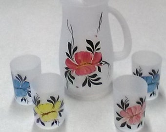 Mid Century Hansetta Artware Company (New York) Handpainted Frosted Glass Set, Pitcher and 4 Glasses