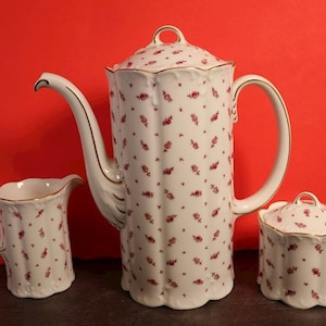 Vintage Rosenthal China Co. (of Germany) Classic Rose Collection Porcelain Coffee Set, With Red Flowered Coffee Pot, Creamer, and Sugar Dish