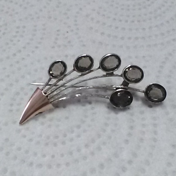 Vintage Fahrner-Style Art Deco Two-Toned Sterling Silver and Smoky Quartz Spray Brooch