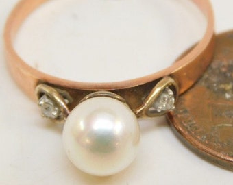 14k Rose Gold & Yellow Gold, Cultured Pearl, and Diamond Accent Ring