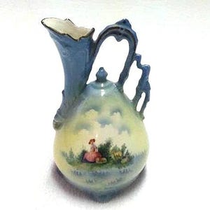 Vintage Pottery/Porcelain Pitcher/Ewer With Pastoral Scene, Made in Czechoslovakia Between 1918 and 1938