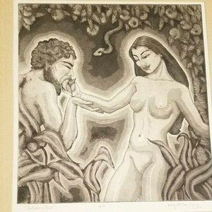 Vintage Signed Original Margaret Ann Gaug Limited Edition Aquatint Etching Entitled &quot;Forbidden Fruit&quot;