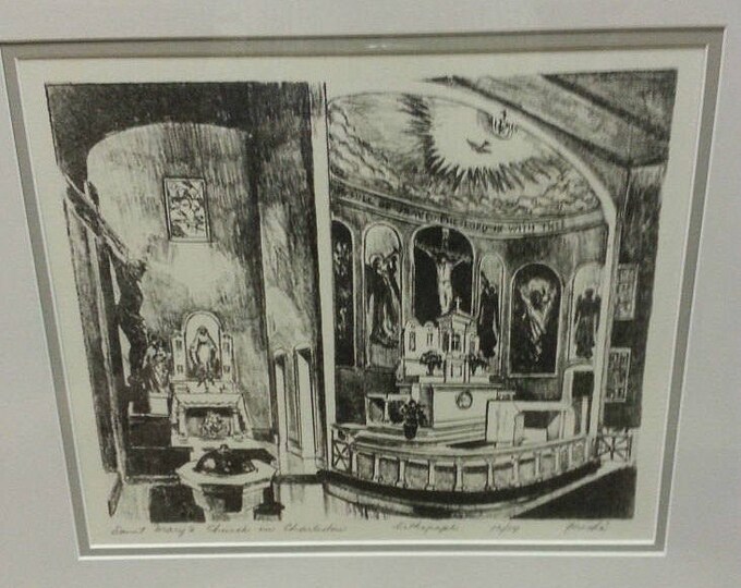 Vintage Original Signed Limited Edition Lithograph of St. Marys Church