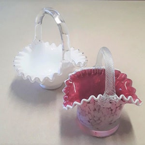 2 Vintage Fenton Art Glass Company (of WV) Ruffled Edge Baskets, 1 White Milk Glass Silver Crest and 1 Cranberry With White Splatter Overlay