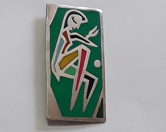 Vintage Large Taxco (Mexico) Sterling Silver and Enamel Modernist Style Brooch, With TS-5 Mark