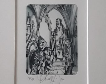 Vintage originele ondertekende Miloslav Lhotsky (van Tsjechië) Limited Edition religieuze en gotische thema-ets