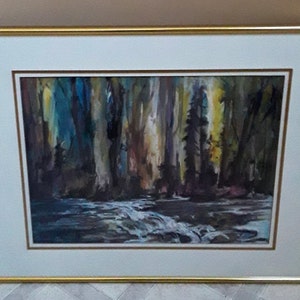 Large Vintage Connie Glasgow Original Signed Abstract Pastel Painting, Labeled as “Merging Waters at Larwood Covered Bridge”