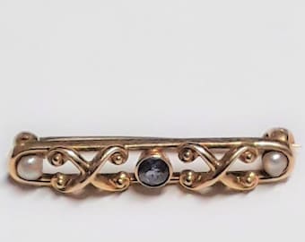 Vintage 14k Yellow Gold, Blue Sapphire, and Seed Pearls Lingerie Pin/Tie Pin