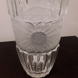 Vintage Large Clear White Bohemian Leaded Crystal Vase, With Band of Frosted & Beaded Glass Sunflowers Etched/Carved Around Center