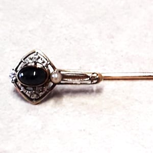 Vintage Krementz 14k Yellow Gold & White Gold, Blue Sapphire, and Seed Pearl Stick Pin, in Art Nouveau Style