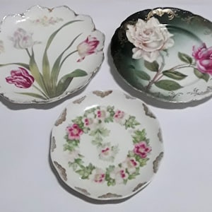 Three Antique Rosenthal Company (of Bavaria, Germany) Porcelain Plates With Flower Designs, Two Marked Malmaison and One Marked Chrysantheme