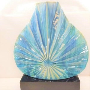 Large Vintage Art Pottery Vase (Resting on Rectangular Wood-Like Block), With Clam Shell-Like Shape, Sunburst-Like Design, and Mottled Glaze