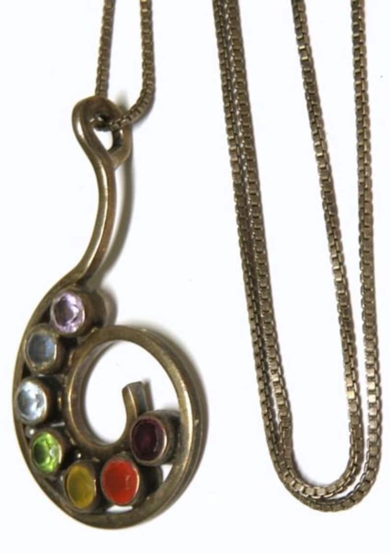 and Swirled Design Vintage Sterling Silver Chain and Sterling Silver Necklace Pendant With Seven Semi-Precious Stones of Various Colors