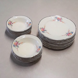 Circa 1940s Taylor, Smith & Taylor (of W. Virginia) Ironstone Pottery Plates (10) and Bowls (10), in Floral Pattern No. 1542