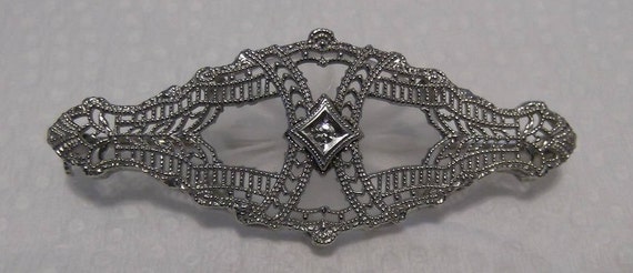 Antique 14K White Gold Edwardian Filigree Brooch,… - image 2