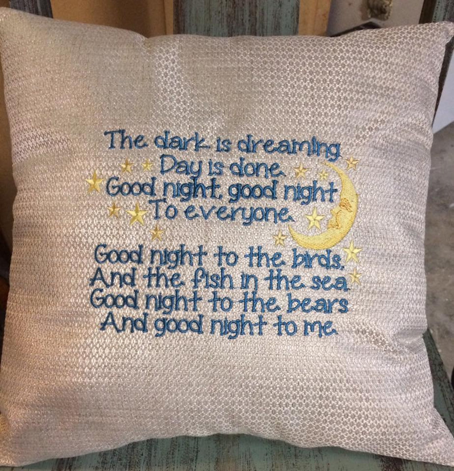 Embroidered Goodnight Pillow 14x14 Etsy