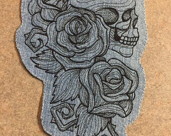 Iron on Patch Skull and Roses on Denim
