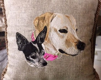Two pets on one pillow Custom Embroidered Pet portrait Pillow (made to order)