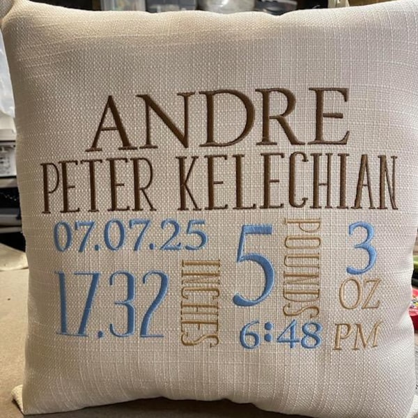 Basic Embroidered Birth Stats Pillow, no theme. Three thread color option