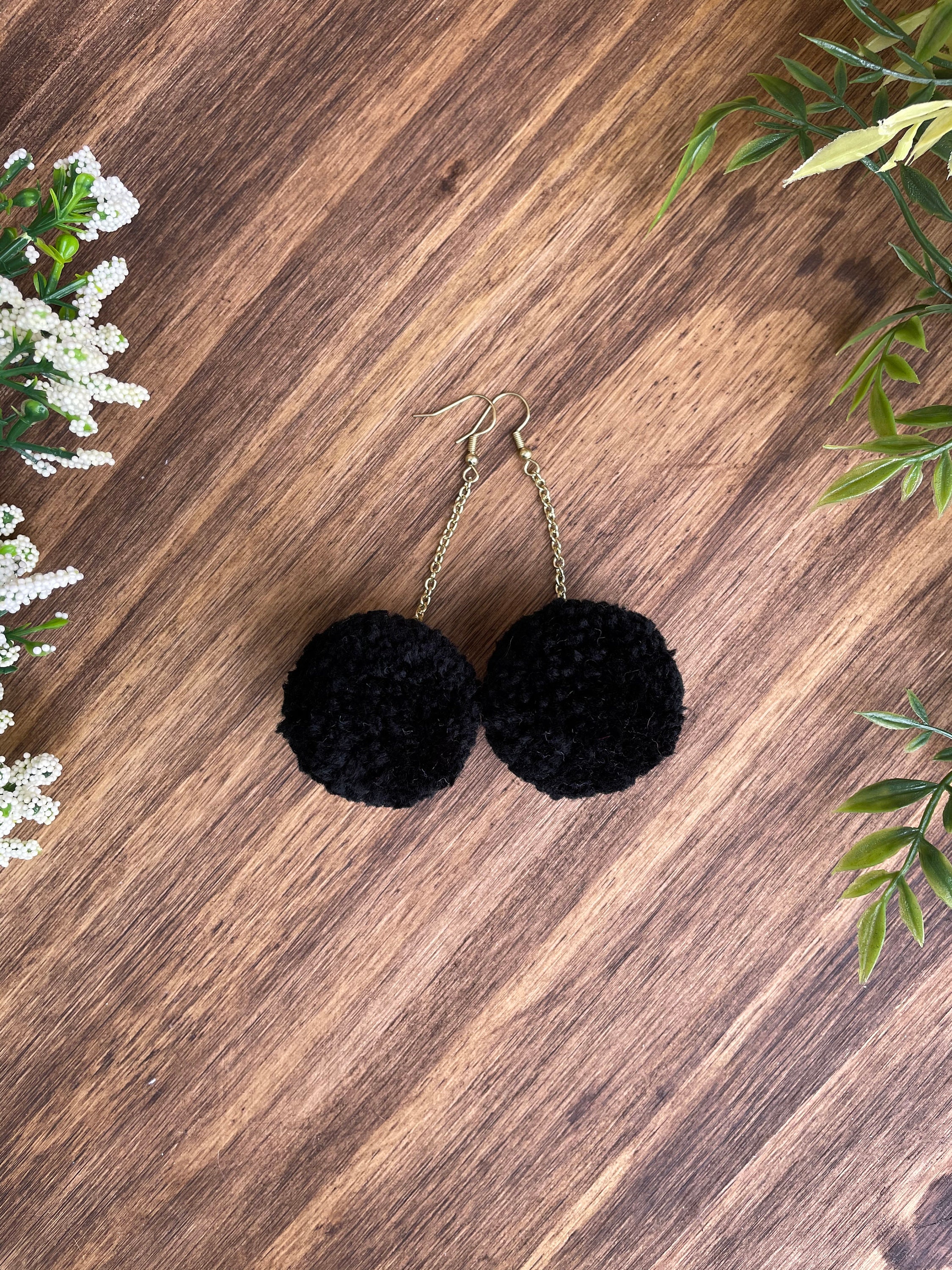 Black Pom Pom Earrings Etsy