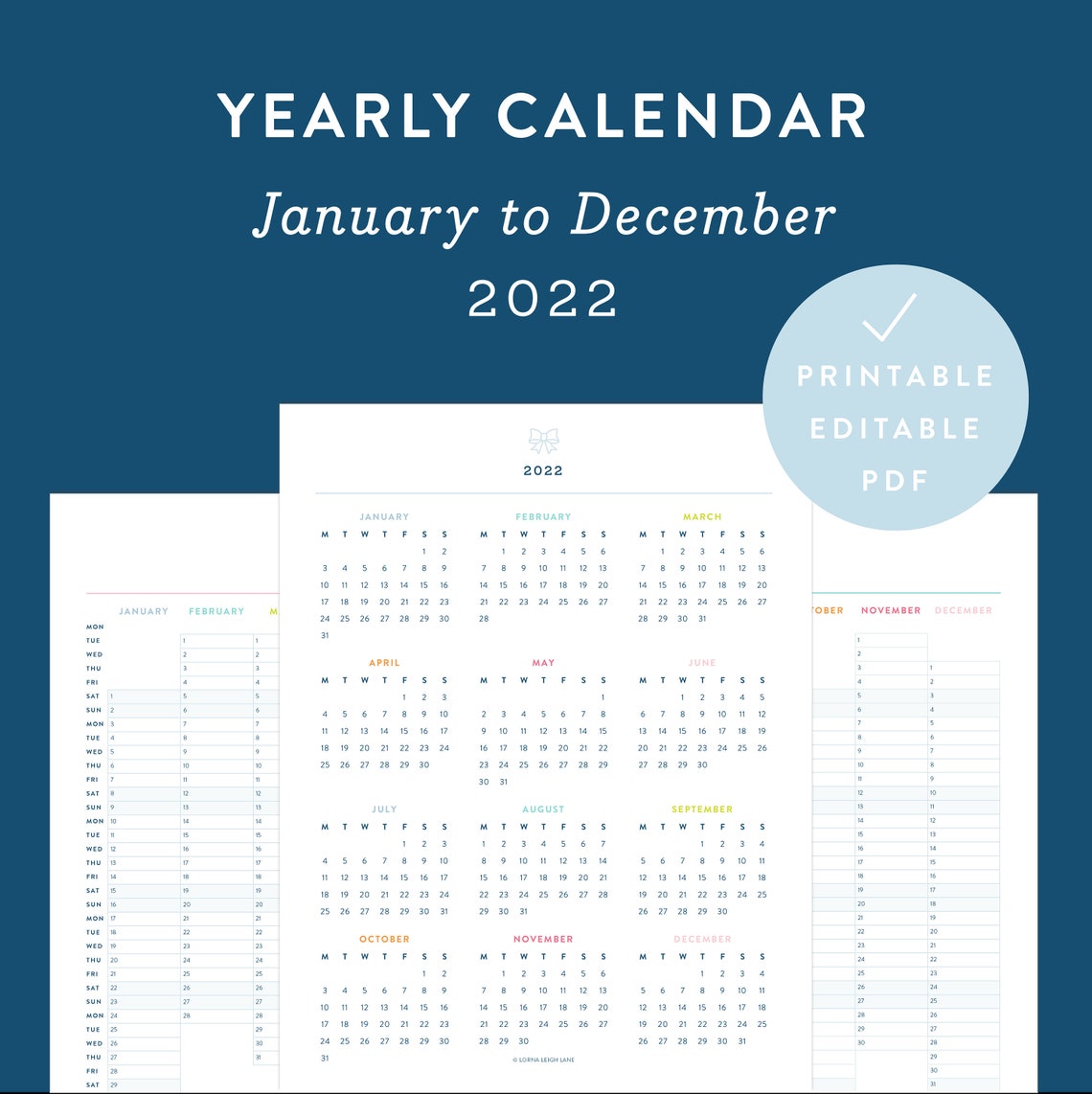 2022 Yearly Calendar Printable Editable PDF Document | Etsy